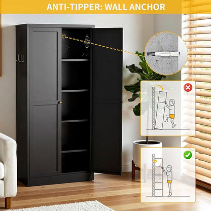 Metal Pantry Cabinet, 61" Kitchen Pantry Storage Cabinets with 2 Door and 4 Adjustable Shelves, Utility Metal Storage Cabinet for Home, Living Room, Pantry (Black)