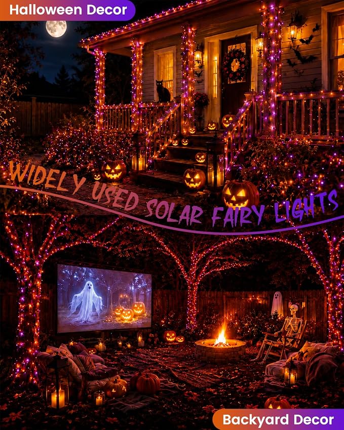 Solar Halloween String Lights Outdoor, 2 Pack 80 FT 200 LED Fairy Lights | Purple and Orange, 8 Modes, Auto On/Off, Waterproof Copper Wire Twinkle Lights for Garden Tree Patio Halloween Decorations