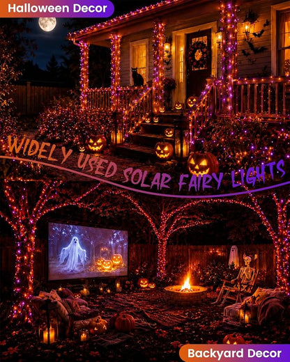 Solar Halloween String Lights Outdoor, 2 Pack 80 FT 200 LED Fairy Lights | Purple and Orange, 8 Modes, Auto On/Off, Waterproof Copper Wire Twinkle Lights for Garden Tree Patio Halloween Decorations