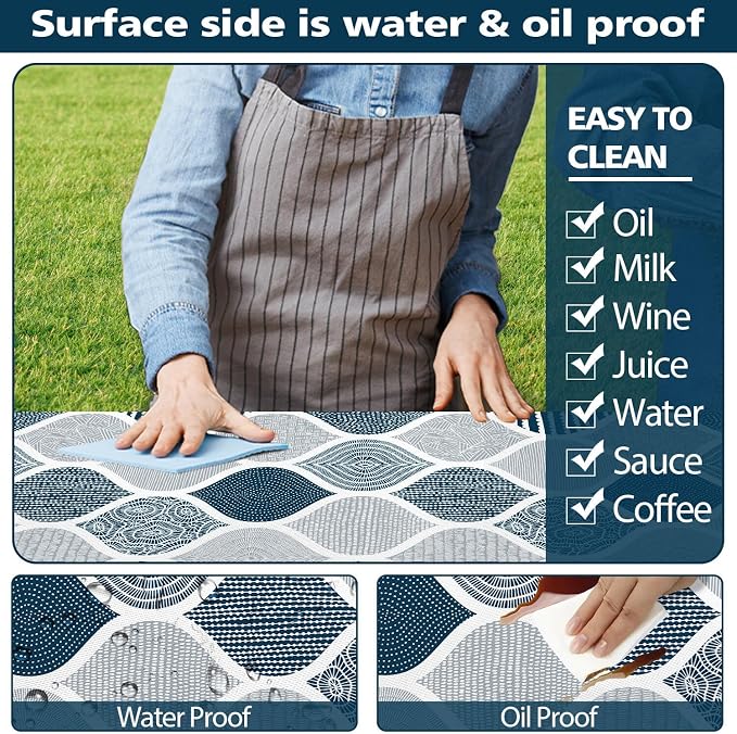 JAWO Blue and Grey Picnic Table Cover with Bench Covers, Modern Camping RV Essentials Gear Supplies Outdoor Waterproof Windproof Tablecloth with Elastic, 72X72inch