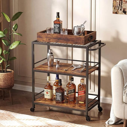3-Tier Rolling Bar Cart with Removable Tray for Home Kitchen | Rolling Wheels with Handle, 3-Tier Storage, Removable Serving Tray, Sturdy Frame, Multi-Purpose for Kitchen & Bar Use