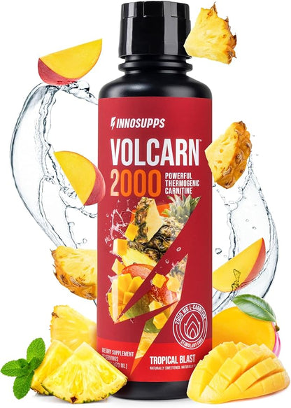 Volcarn 2000 L-Carnitine Liquid Energy, Tropical Blast, 32 Servings | Energy booster and ATP supplement with GBEEC; Enhances focus; Caffeine-free, no artificial sweeteners