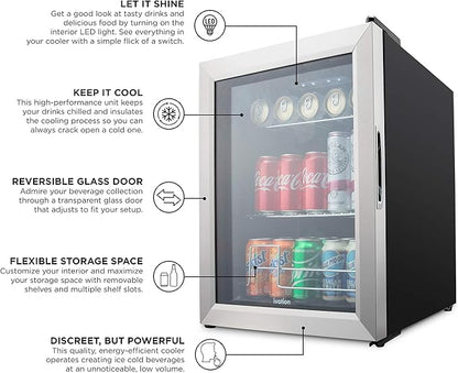 Ivation 62 Can Beverage Refrigerator, Freestanding Ultra Cool Mini Fridge, Beer, Cocktails, Soda, Juice Cooler for Home & Office, Reversible Glass Door & Adjustable Shelving - Stainless Steel