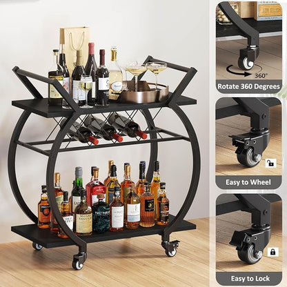 LVB Black Bar Cart with Wheels, Industrial Wine Cart with Storage for Home | Modern Bar Cart with Wine Rack, Beverage Rolling Kitchen Serving Cart, Wooden Microwave Drink Liquor Cart for Dining Room