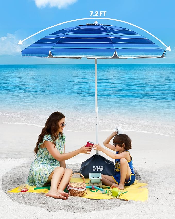 OutdoorMaster 7.2ft Beach Umbrellas for Sand with Sandbag & Anchor | 7.2ft Adjustable Umbrella for Beach, Wind Resistant, Portable UPF50+ Sunshade with Carry Bag for Patio