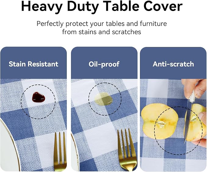 Romanstile Gingham Rectangle Plastic Tablecloth, 100% Waterproof Checkered PVC Table Cloth, Heavy Duty Vinyl Table Cover for Dining, Camping, Picnic, Outdoor - 54 x 108 Inch, Light Blue and White