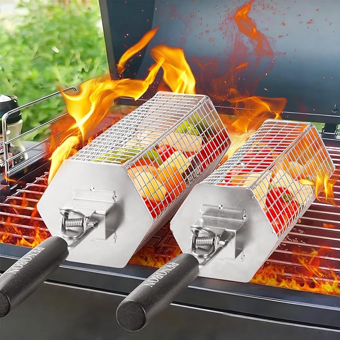 Hexagonal Rolling Grilling Basket Set, 2 PCS Stainless Steel BBQ Grill Baskets with Removable Wooden Handles, Large & Small Nestable Design for Outdoor Camping, Ideal for Vegetables, Meat & Seafood on Gas/Charcoal Grill