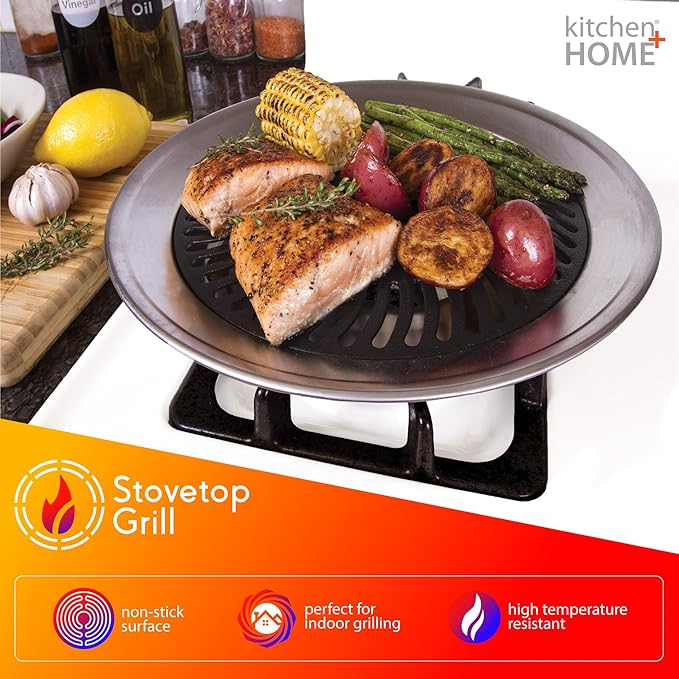 Kitchen + Home Stove Top Smokeless Grill, Indoor/Outdoor BBQ Grill Pan with Double Coated Non-Stick Surface and Burner Liners