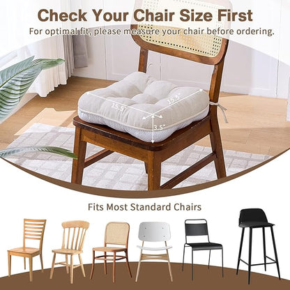 BETU Chair Cushions for Dining Chairs Set of 2,3.5" Thick Kitchen Table Chair Pads with Ties,Non Slip Backing and Covers, Seat Cushion for Dining Room,Bar,Patio Chairs,15.5"X15.5"X3.5",Beige