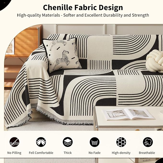 WEYOND Boho Couch Cover, Chenille Sofa Covers Washable, 71" x 150", Black | Couch Covers for 3 Cushion Couch Sofa Pet Friendly, Bohemian Sofa Slipcovers for Sectional Sofa, Loveseat, 2 3 4 Seater