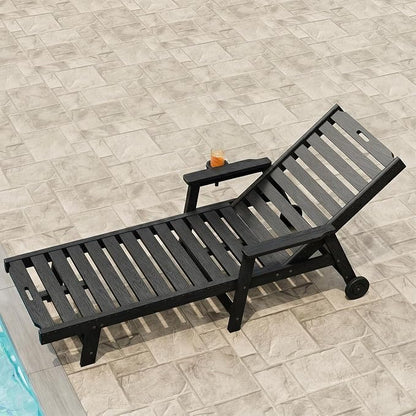 Garvee Lounge Chair Outdoor with Wheels & 5-Position Adjustable Backrest, Oversized Chaise Lounge with 2 Move Handle, HDPE Outdoor Lounge Chair w/Detachable Cup Holder, for Patio, Pool,Black