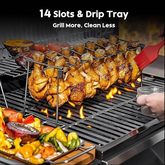 auisea Large Chicken Leg Rack for Grill 14 Slots with Drip Pan, Sturdy Stainless Steel Drumstick Holder for Oven & Smoker, Mirror-Finish for Easy Clean