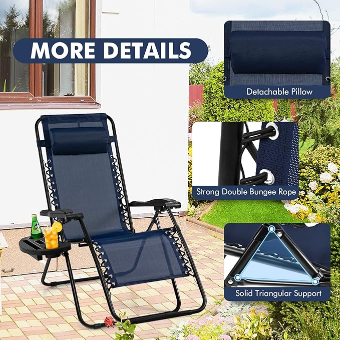 Giantex Zero Gravity Reclining Chair, Outdoor Patio Recliner with Cup Holder & Removable Pillow, Adjustable Backrest, Indoor Lounge Chair for Backyard, Garden, Poolside (Navy)