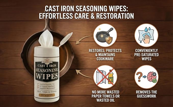 Cookware Care Cast Iron Seasoning & Cleaning Oil Wipes – Seasons, Cleans & Conditions Cast Iron Skillet, Carbon Steel & Blackstone Griddle | 100 Wipes, Made in USA with Grapeseed Oil (2 Pack)