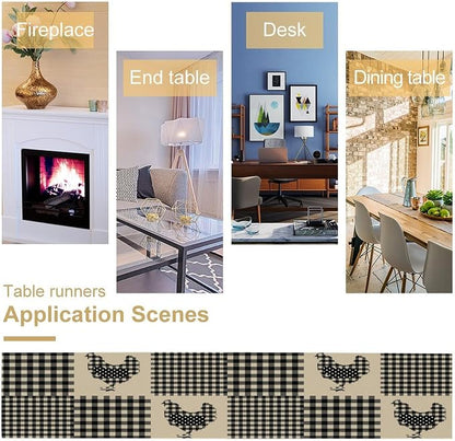 Farm Animal Chicken Hen Black White Buffalo Plaid Check Table Runner, Farmhouse Chick Table Decoration Home Kitchen Dining Indoor Holiday Farmhouse Decor 13x90 Inch