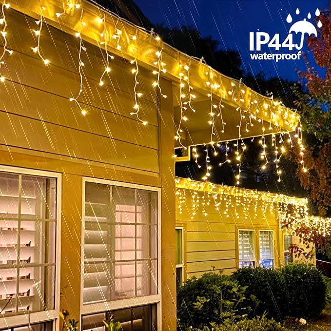 QITONG Warm White Icicle Lights for Outside, 66ft 800 LED String Lights Indoor with 8 Modes, Clear Wire Connectable Icicle Christmas Light Plug in