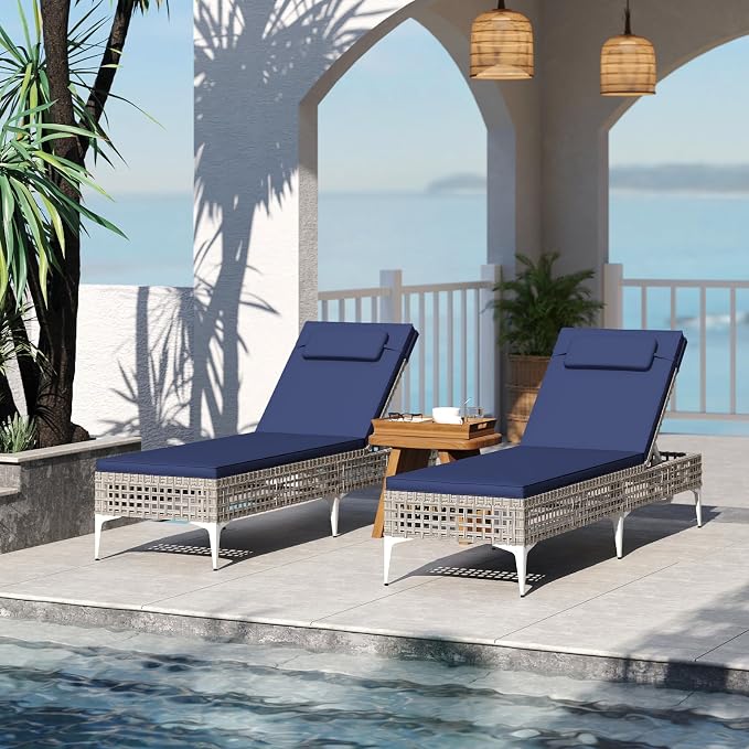 Tangkula Patio Chaise Lounge Chair, PE Wicker Reclining Sun Lounger with 6-Level Adjustable Backrest, Removable Cushion & Headrest, Outdoor Lounge Chair for Poolside, Deck, Backyard (1, Navy)