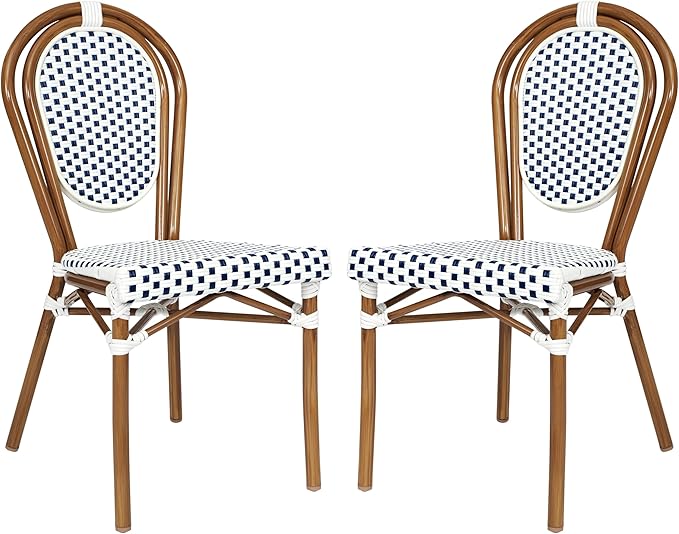 Flash Furniture Lourdes Indoor/Outdoor Commercial Thonet Bistro Stack Chair - White/Navy PE Rattan Back and Seat - Natural Bamboo Print Metal Frame - Set of 2