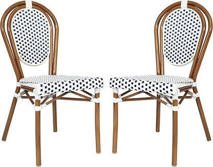 Flash Furniture Lourdes Indoor/Outdoor Commercial Thonet Bistro Stack Chair - White/Navy PE Rattan Back and Seat - Natural Bamboo Print Metal Frame - Set of 2