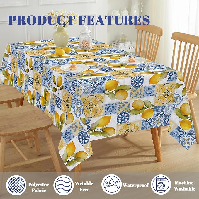 SASTYBALE Summer Lemon Tablecloth Mediterranean Tile Table Cloth, Washable Water Resistant Rectangular Italian Themed Decor Table Cover for Party/Picnic/Indoor/Outdoor (Rectangle, 60" x 102", Blue)