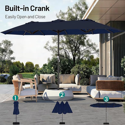 AreShark 15FT Outdoor Patio Umbrella with Crank, Large Rectangular Market Umbrella, Double-Sided Outdoor Umbrellas with Cross Base & Sandbag for Porch, Lawn, Pool, Backyard, Navy