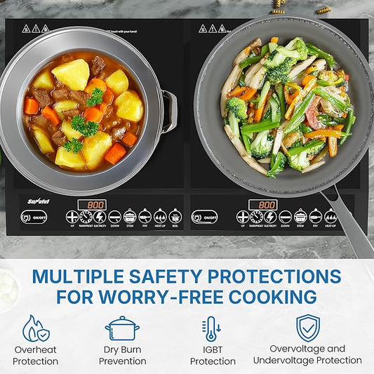 Commercial Double Burner Electric Induction Cooktop, 1000W+800W Dual Induction Hot Plate, 8 Power & 8 Temp Setting, Professional Countertop Burner Stove with Timer, LED Screen, Black