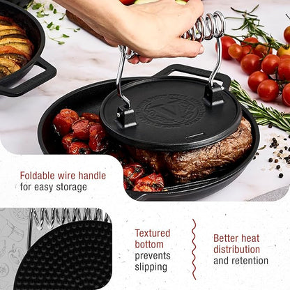 Victoria Round Cast-Iron Meat Press with a Wire Handle, Preseasoned with Flaxseed Oil, Made in Colombia