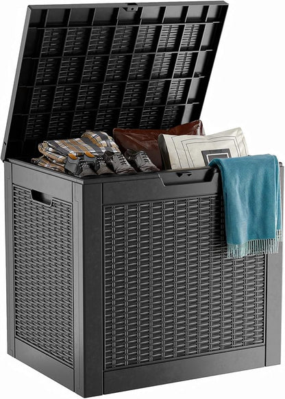 ROJIK 35 Gallon Deck Box Outdoor, Waterproof Outdoor Storage Boxes with Lids, Outside Resin Lockable Storage Box for Patio Cushions, Garden Tools(Black)