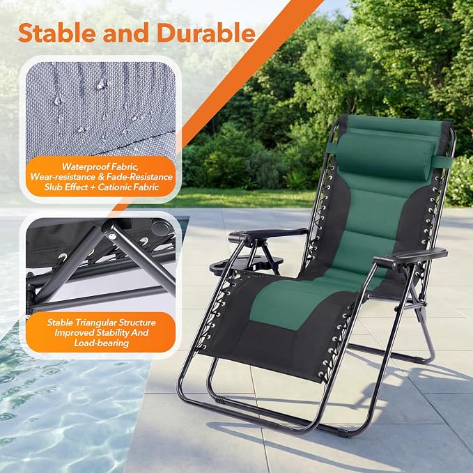 Sweetcrispy Zero Gravity Chairs, Foldable Patio Reclining Chairs with Adjustable Pillow & Cup Holder, Oversized Portable Support 400 lbs, for Backyard Camping, Black-Green