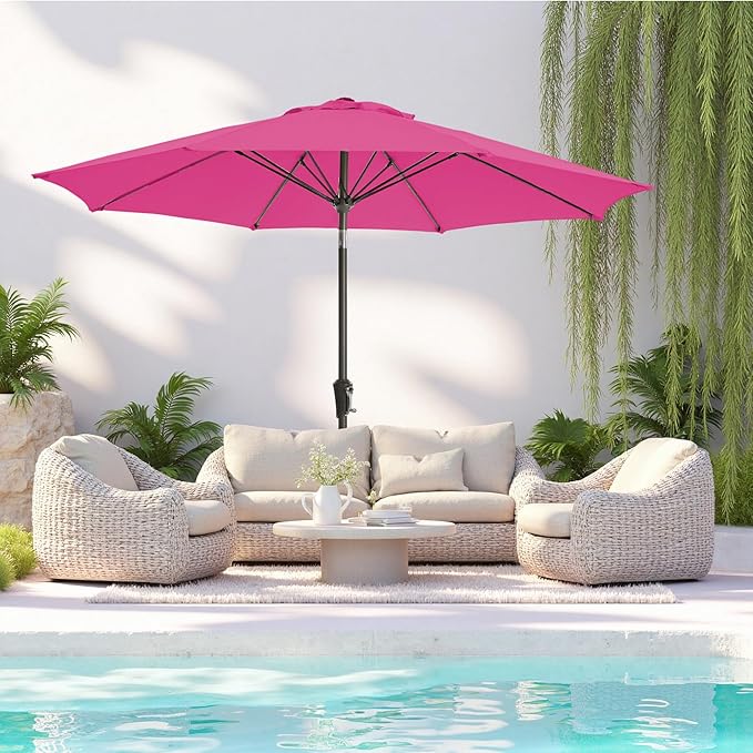 9FT Large Outdoor Patio Umbrella Pool Market Umbrella-UV Resistant, Easy Push Button Tilt and Crank, 8 Sturdy Ribs Heavy-Duty Table Umbrella for Deck, Backyard, Garden (Pink)