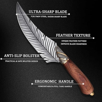 Dream Reach Feather Viking Boning Knife, 6 Inch Professional Viking Knife Meat Cleaver Full Tang with Sheath Gift Box for Outdoor Camping Thanksgiving Christmas Gifts for Men Women