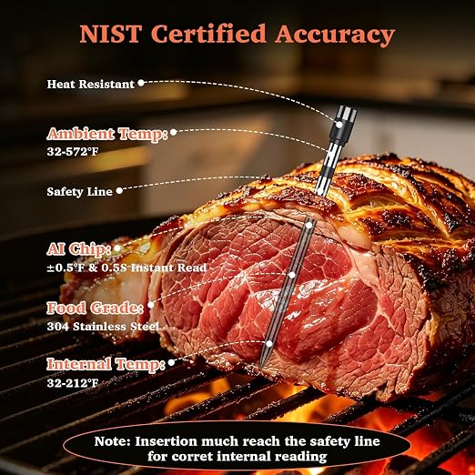 Bluetooth Wireless Meat Thermometer Digital for BBQ Oven Smoker Grill | 800FT Bluetooth Food Thermometer, Standalone Base, 2 Meat Probes, Dual Sensors, NIST Certified Accuracy