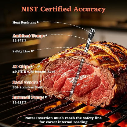 Bluetooth Wireless Meat Thermometer Digital for BBQ Oven Smoker Grill | 800FT Bluetooth Food Thermometer, Standalone Base, 2 Meat Probes, Dual Sensors, NIST Certified Accuracy
