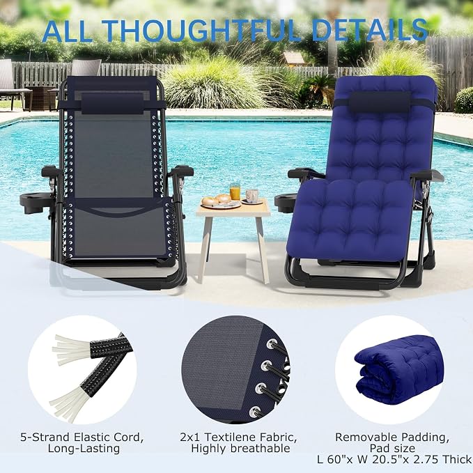 Slendor Zero Gravity Chair, Recliner Lounge Chairs with Cushion, Royal Blue | Reclining Lounge Chair, Folding Anti Gravity Chairs w/Upgraded Lock, Removable Upgraded&Headrest, 440lbs, for Indoor Outdoor