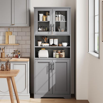 IDEALHOUSE 67" H Tall Storage Cabinet, Freestanding Bathroom Cabinet with 4 Doors and Adjustable Shelves,Modren Cupboard for Kitchen, Pantry, Living Room (Grey)