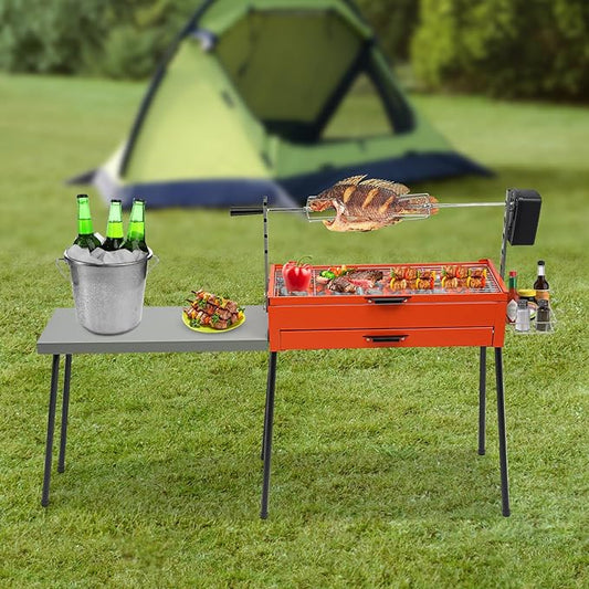 Portable Charcoal Grill, Outdoor BBQ Grill with Height-Adjustable Rotisserie Chicken Grill, Stainless Steel BBQ Grill Set with Detachable Table, Storage Basket, Storage Bag