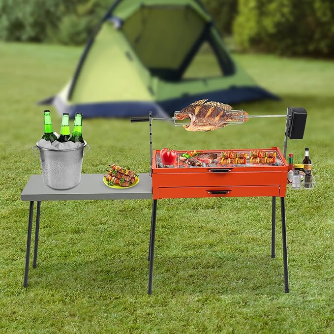 Barbecue Grill, 4W 220V Portable Charcoal Grills Height Adjustable Charcoal BBQ Grill Stainless Steel Chicken Grills Barbecue Tools with Side Table for Grilling Vegetables, Chicken Thighs, Steaks