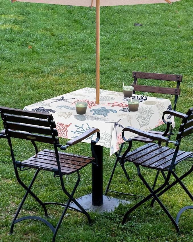 Blue Red Coastal Outdoor Tablecloth - 54x54 Inch Square Waterproof Dining Table Cover, Nautical Summer Beach Coral Sea Turtle Outdoor Table Cloth with Umbrella Hole & Zipper for Patio