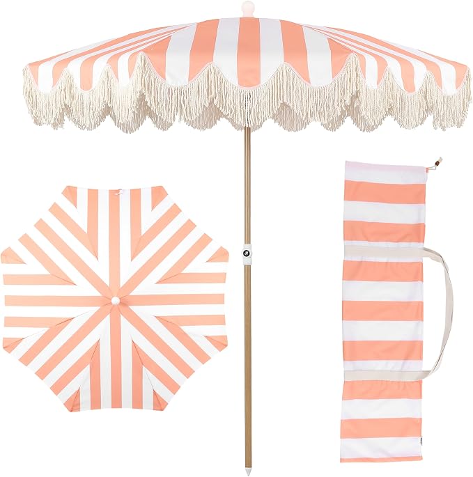 JONATHAN Y Mariner 6.5 ft. Striped Fringe Beach Umbrella, Coral Pink/White | Push-Button Tilt, UV 50 Protection, Matching Carry Bag, Light Brown Wood Finish Iron Pole, Wind Vent, Scalloped Round Canopy