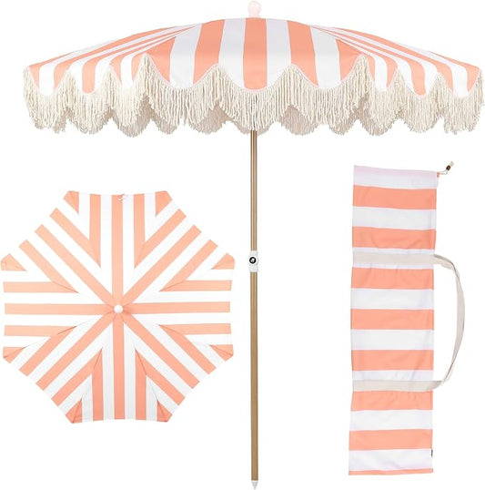 JONATHAN Y Mariner 6.5 ft. Striped Fringe Beach Umbrella, Coral Pink/White | Push-Button Tilt, UV 50 Protection, Matching Carry Bag, Light Brown Wood Finish Iron Pole, Wind Vent, Scalloped Round Canopy
