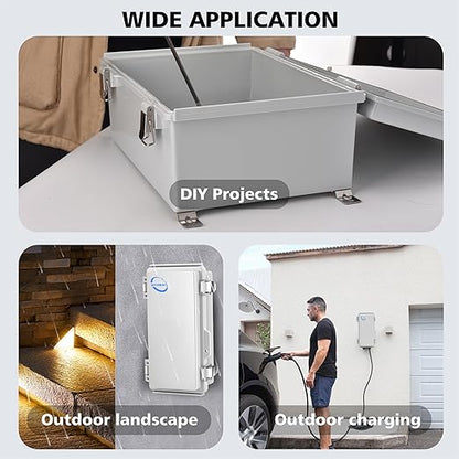 RTHIEAI Waterproof Outdoor IP67 Junction Box (7.9"x3.9"x2.8") with Mounting Plate, Hinged Grey Cover and Wall Brackets - Weatherproof ABS Plastic Electrical Enclosure for DIY Projects (200x100x70mm)