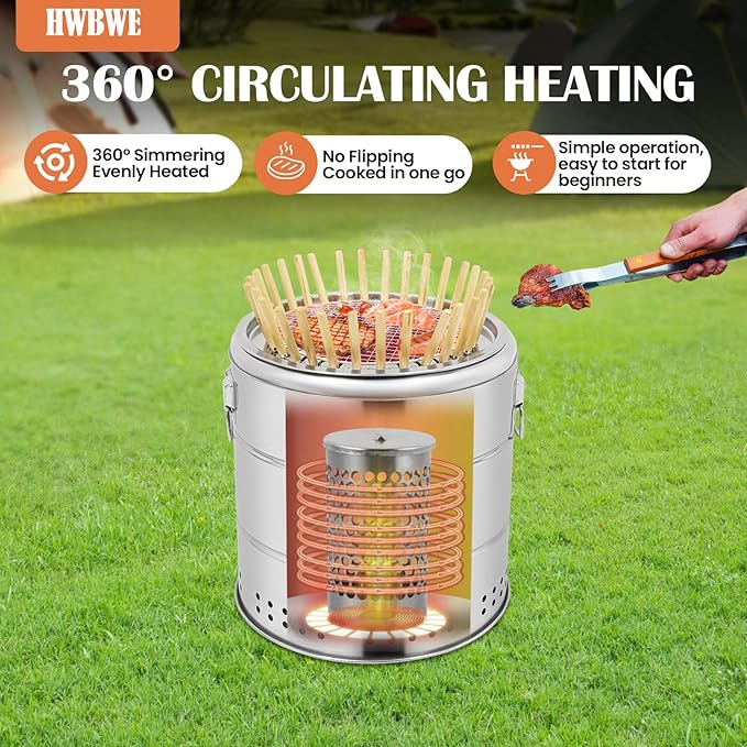 Portable Smokeless Charcoal Barbecue Grill with 30 Skewers and BBQ Cooking Grate, Stainless Steel Kebab Barrel Grill, 15.4 inch Diameter