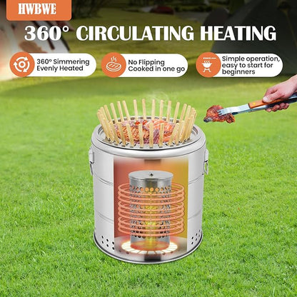 Portable Smokeless Charcoal Barbecue Grill with 30 Skewers and BBQ Cooking Grate, Stainless Steel Kebab Barrel Grill, 15.4 inch Diameter
