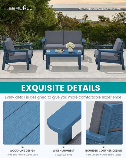 SERWALL HDPE Outdoor Couch Set of 2, Blue Frame and Grey Cushion