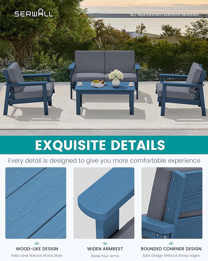 SERWALL HDPE Patio Furniture Set with 15FT Double Side Patio Umbrella, All Weather Wood-Like Outdoor Sofa Sectional Couch, Blue Patio Furniture with Grey Cushions