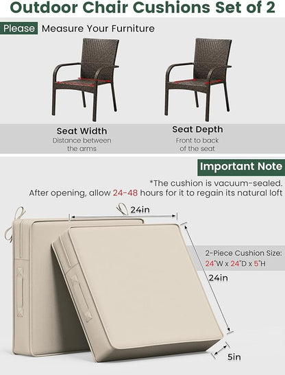 Outdoor Chair Cushion 24 x 24 x 5 Inches Patio Furniture Outdoor Waterproof Seat Cushion, Patio Chair Cushion with Handles and Ties, Square Dining Chair Cushion Set of 4, Cream