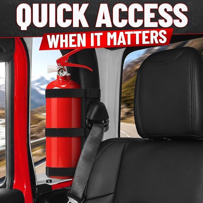 Fire Extinguisher Mount for Vehicle - Adjustable Nylon Strap Fix, No-Drill, Roll Bar Mount, Quick Release | Fits 3 lb Extinguishers - Fire Extinguisher Holder for Car, Boat, UTV, & Off-Road Vehicles