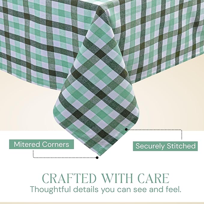 Gingham Check Tablecloth, 60x84 Inches, Everyday Plaid Dining Table Cover, 100% Cotton, Washable, Reusable Farmhouse Table Linen for Holiday Décor, Mint Green Aqua Green and White