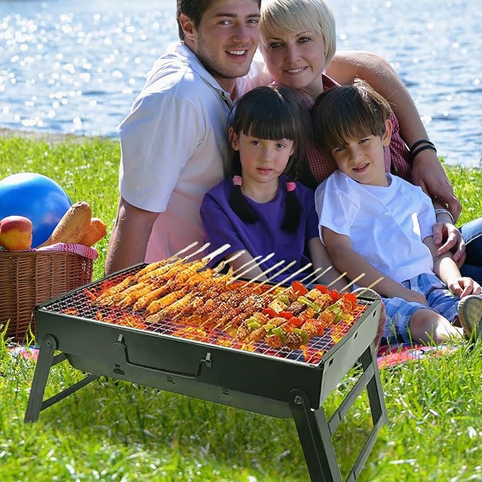 Portable Charcoal Grill for Camping Small Tabletop BBQ Grill for Picnic Trip Foldable Lightweight Barbeque Grill Set Including Tongs Gloves Scrubber (17''x12'')