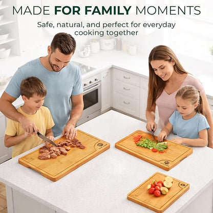 Bamboo Cutting Board Set of 3 – Non-Toxic, Eco-Friendly Bread & Meat Kitchen cutting Boards with Deep Juice Groove & Non-Slip Feet (9x5.9, 12x7.87, 14.96x10)